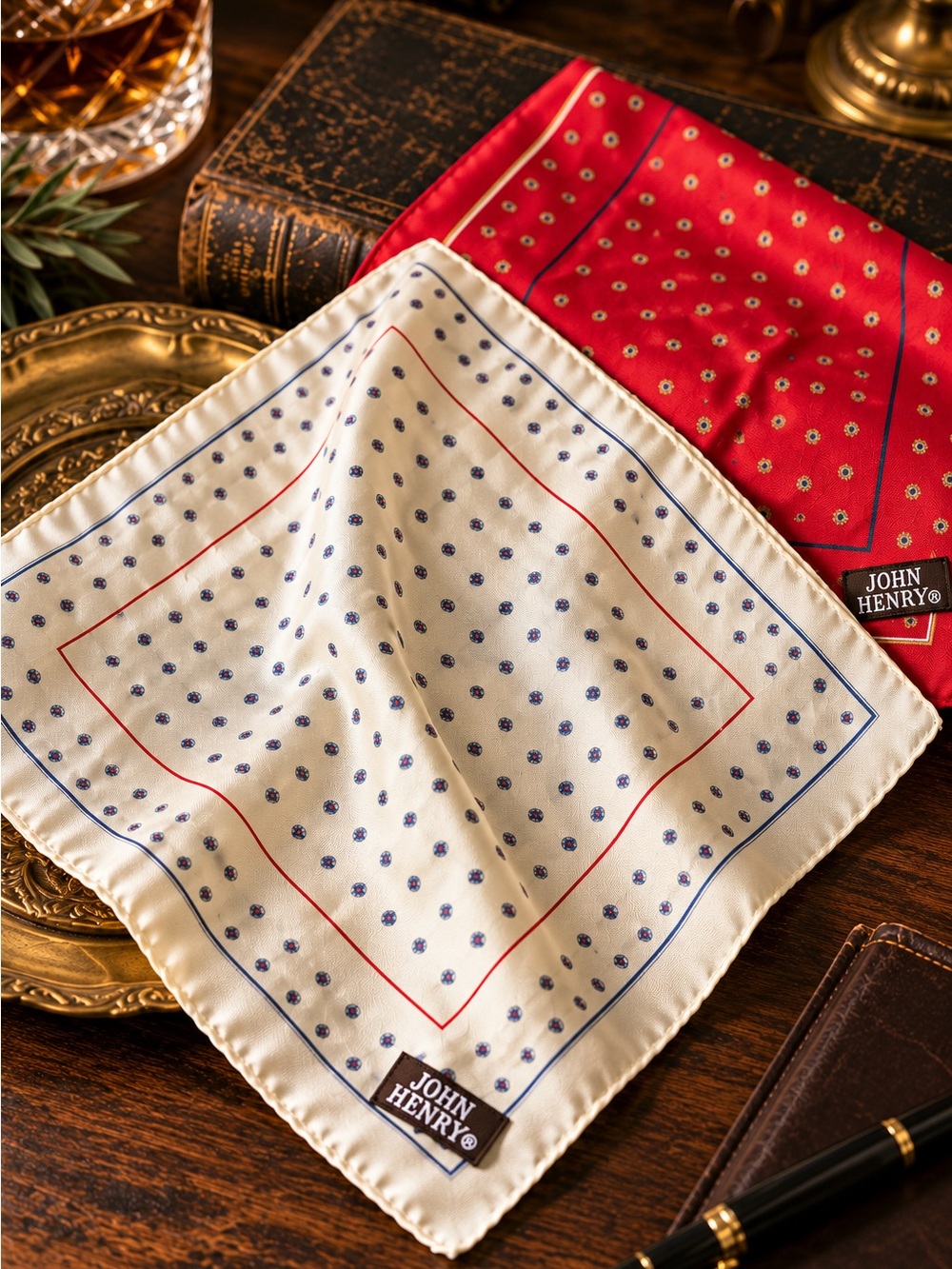 Vintage John Henry Men's Pocket Squares - Ivory & Red